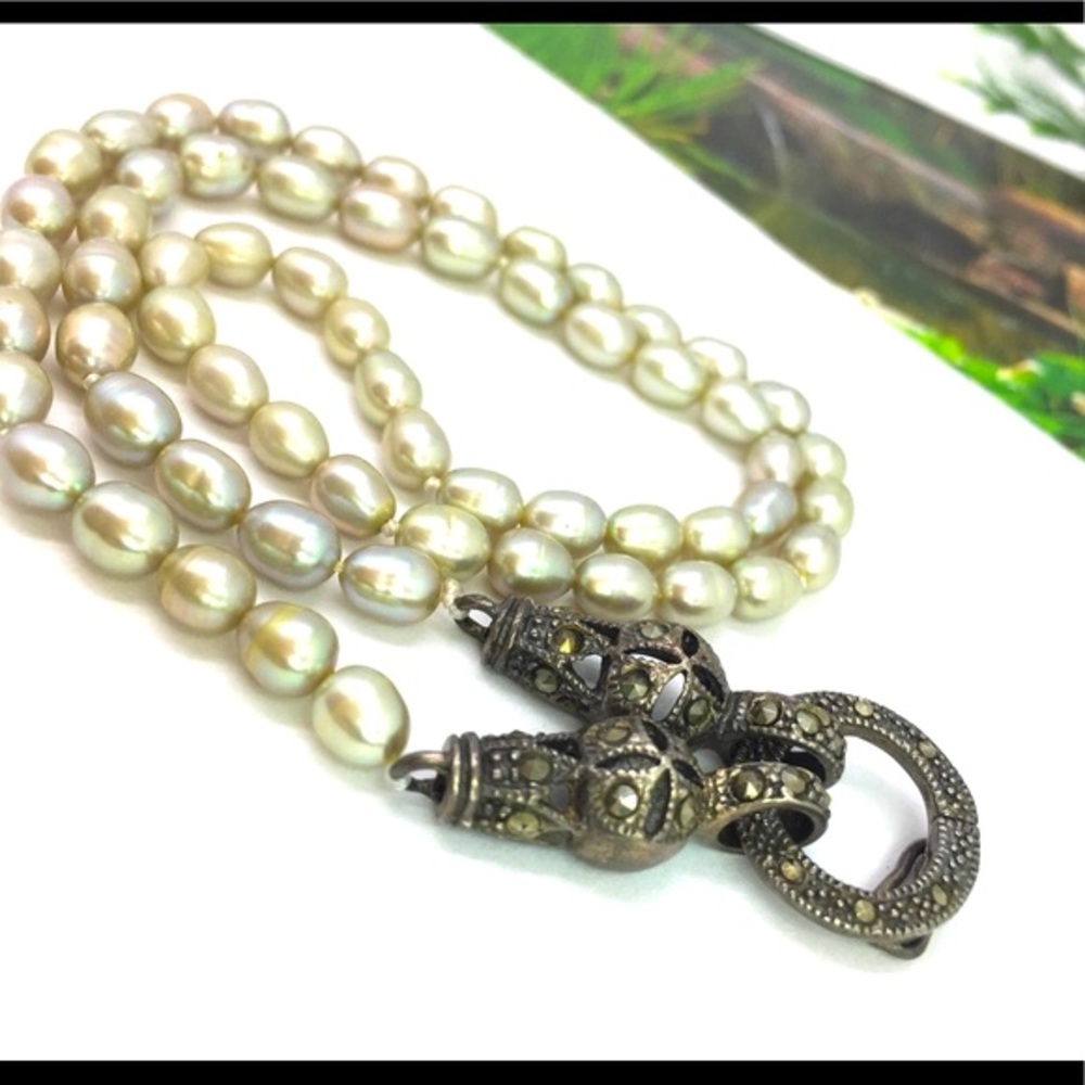 Vintage 925 silver marcasite pearl choker necklace